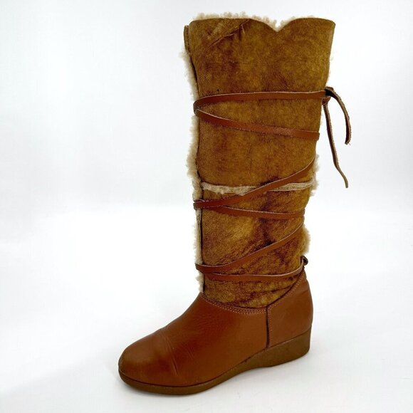 Vintage 70's Brown Tan Sheepskin Leather Sherpa Wedge Tall Winter Native 8 Boots - Picture 1 of 10